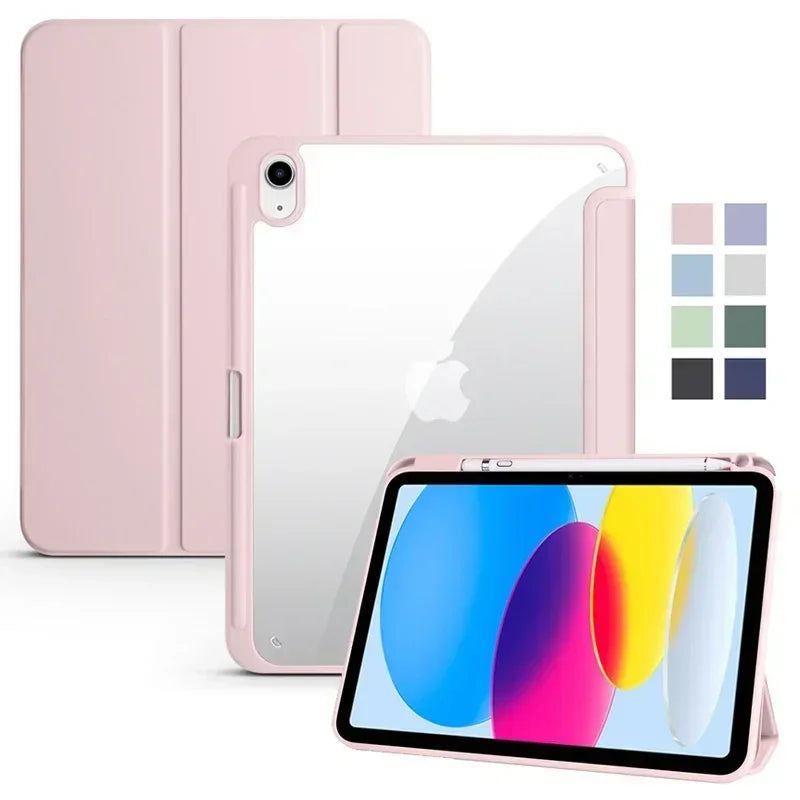 iPad Case with Pen Holder – Trifold Acrylic Clear Back Cover for iPad 9.7–11"