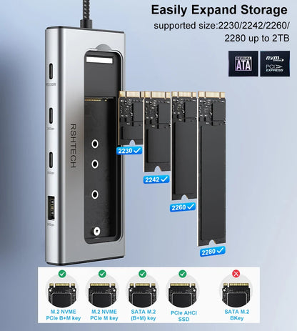RSHTECH RSH-D05P 5-in-1 USB-C Hub with M.2 NVMe/SATA SSD Enclosure – 10Gbps, 100W PD