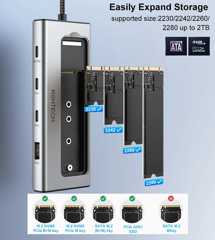 RSHTECH USB-C Hub 5-in-1 with M.2 NVMe/SATA SSD Enclosure – 10Gbps, PD100W, for Laptops (RSH-D05P)