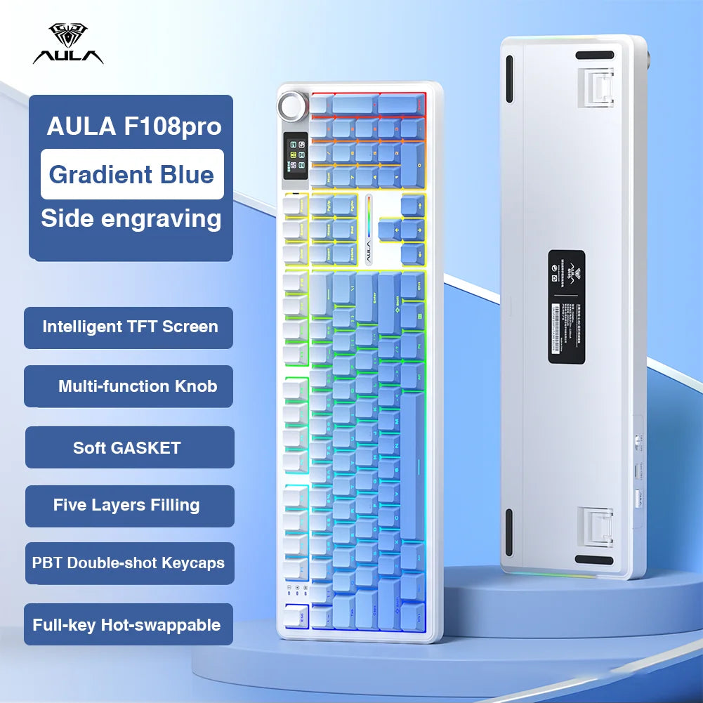 AULA F108Pro Wireless Mechanical Keyboard – Bluetooth, Gasket, Hot-Swap, TFT Display, RGB, 98 Keys