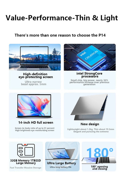 14.1" Ultra Slim Notebook – Intel N3700 16GB RAM 2TB SSD 1920x1080 Windows 11 Pro