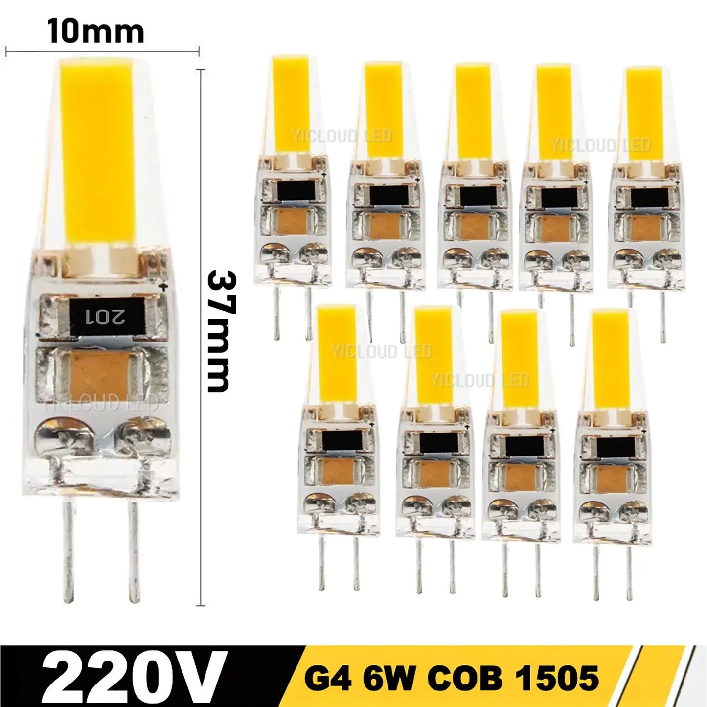 10pcs G4 / G9 / E14 LED COB Bulbs – Dimmable 6W 9W, 12V/220V, Halogen Replacement