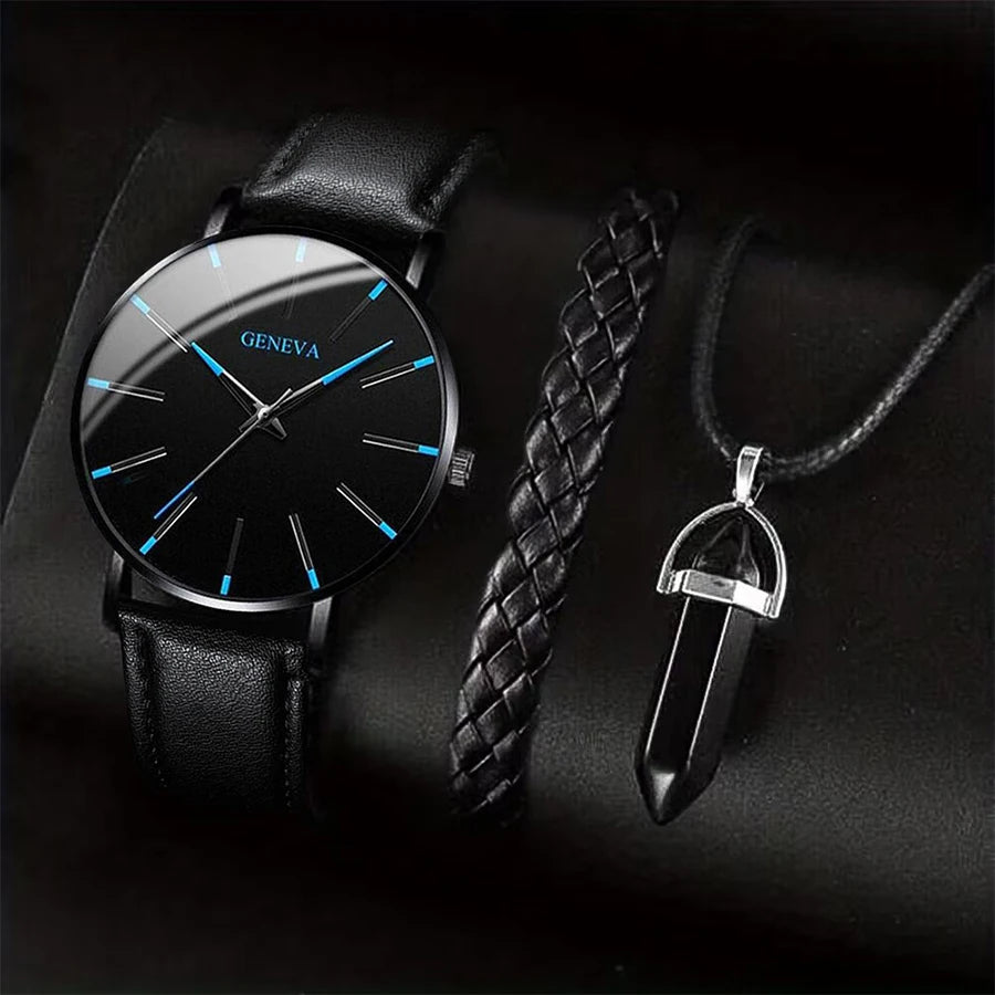 Men's business watch set with leather band, includes quartz watch, necklace, and bracelet, stylish accessories for professional look.