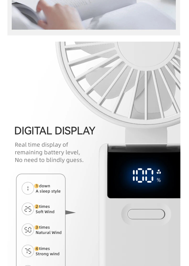 WO.Poblwc Handheld Mini Fan – 1800mAh Foldable, 5-Speed USB Rechargeable, Neck Hanging, Phone Stand, for Home & Outdoor