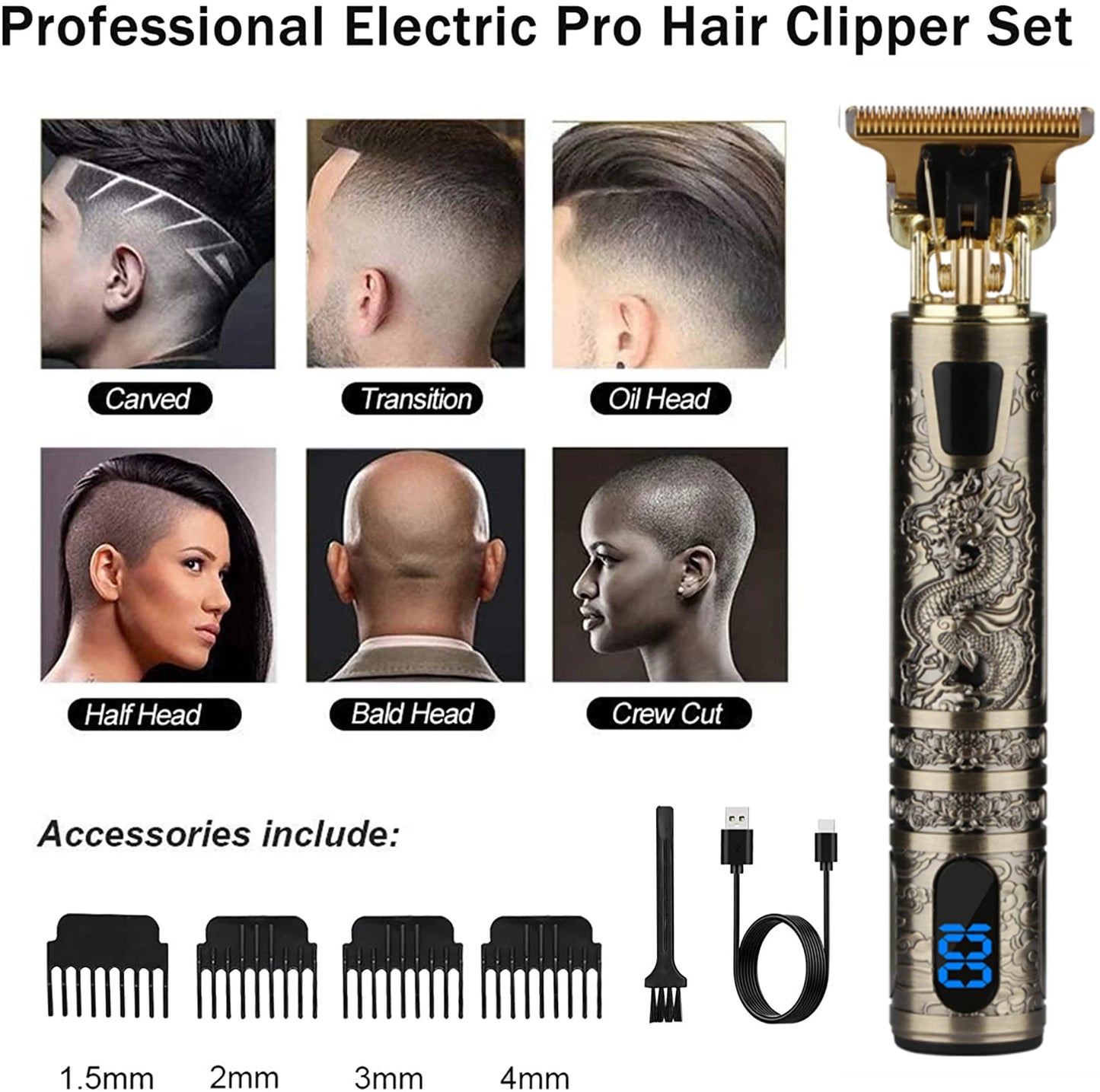 R.E.D. Shopping T9 LCD electric hair clipper with oil head precision trimmer for men, featuring LCD display and adjustable blades