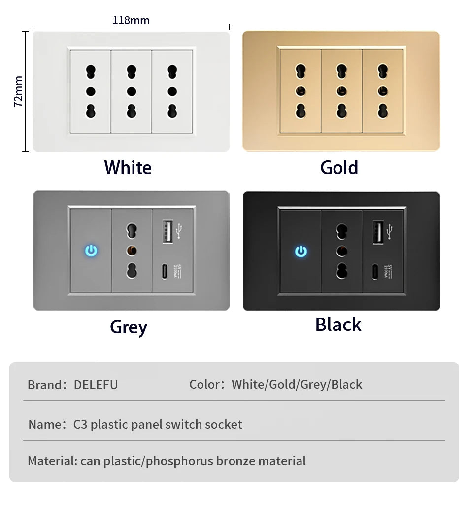 DELEFU Tempered Glass Wall Socket with USB-C Fast Charging – Schuko/Italy