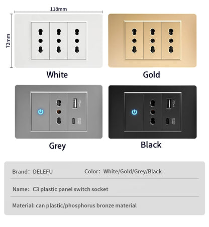 DELEFU Black Tempered Glass Wall Socket – USB Type-C Fast Charging Schuko & Italy