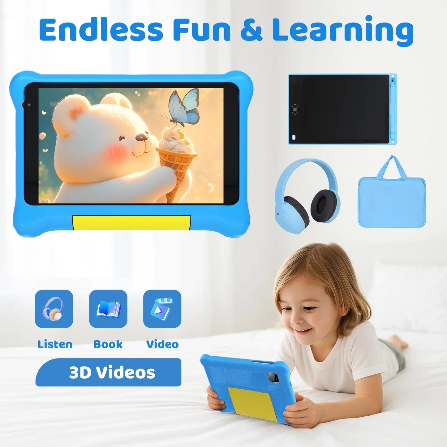 URAO 7" Kids Learning Tablet Bundle – Android 13, 5GB+32GB, Headphones, Stylus, Bag, Parental Controls