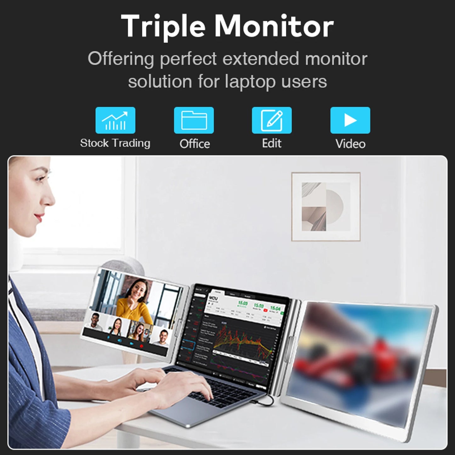 16" Laptop Screen Extender – FHD Triple Monitor for 12-18.5" Laptops