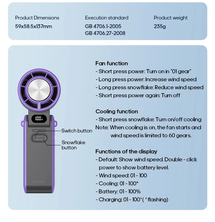 KINSCOTER Foldable Handheld Fan – 3600mAh, 100-Speed, Ice Cooling
