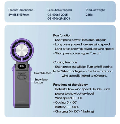 KINSCOTER Foldable Handheld Fan – 3600mAh, 100-Speed, Ice Cooling