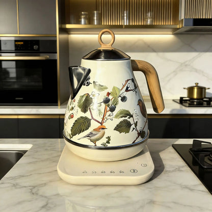 Retro Decal Electric Kettle – 1.7L, 304 Stainless Steel, Temperature Control, Wood Grain Handle
