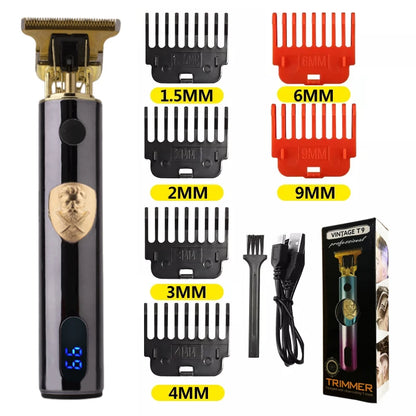 R.E.D. Shopping T9 LCD electric hair clipper with oil head for men, featuring precision trimming and LCD display in close-up shot.