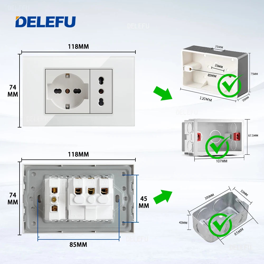 DELEFU Tempered Glass Wall Socket with USB-C Fast Charging – Schuko/Italy