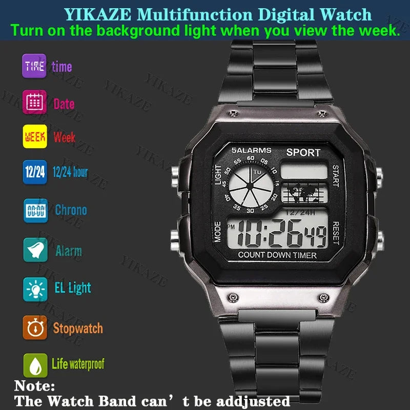 YIKAZE Men's Military LED Sport Watch - Luxury Stainless Steel Strap, Waterproof Digital Wristwatch