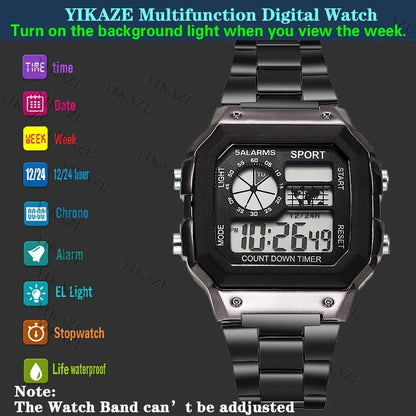 YIKAZE Men's Military LED Sport Watch - Luxury Stainless Steel Strap, Waterproof Digital Wristwatch