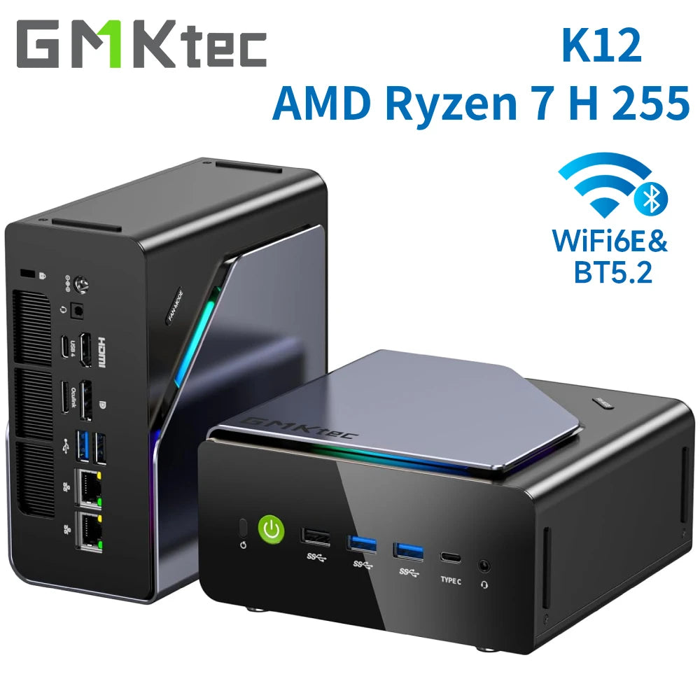 GMKtec K12 Gaming Mini PC – AMD Ryzen 7 H255, Radeon 780M, WiFi 6E, USB-C