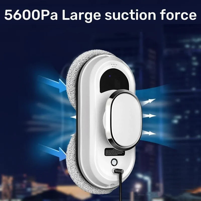 R.E.D. Shopping smart remote control window cleaning robot on a glass window, automatic vacuum cleaner for home windows and surfaces.