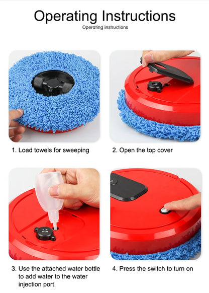 R.E.D. Shopping Smart Sweeping & Mop Robot with humidifying spray cleaning a hardwood floor, showing its compact design and cleaning brushes.