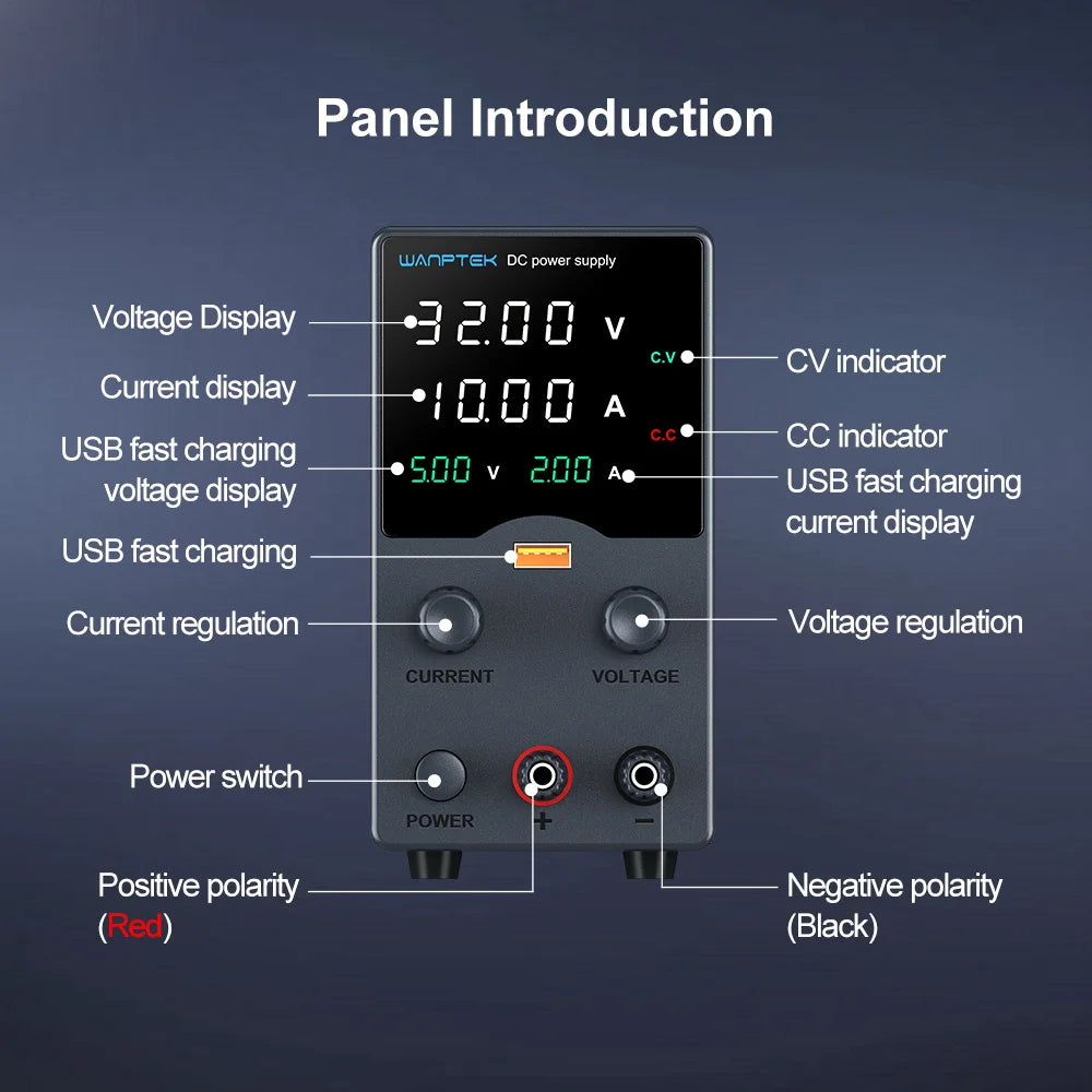 Wanptek Adjustable DC Lab Bench Power Supply – 30V/10A, 60V/5A, 120V/3A