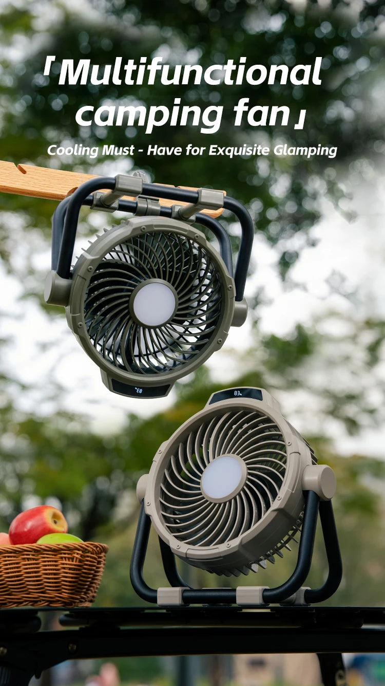 Kinscoter 6-in-1 Outdoor Camping Fan 10000mAh | 5 Speeds | Remote | LED Light | CE