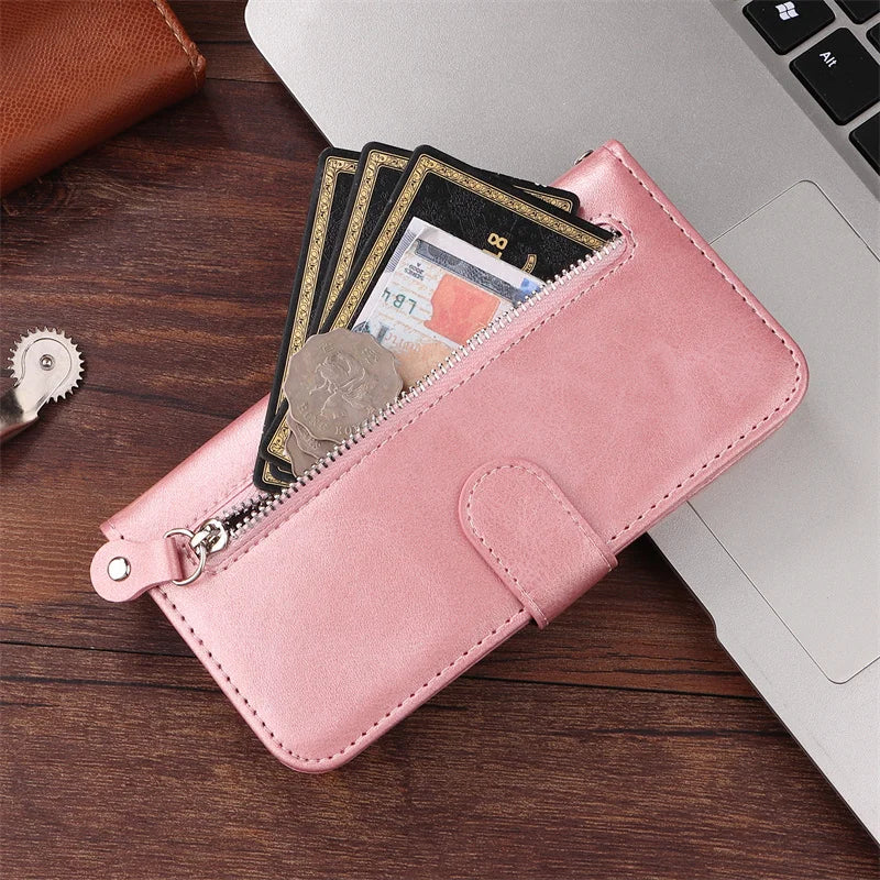 Leather iPhone 16 Plus zipper wallet case with card slots and magnetic stand, featuring a sleek, protective design.