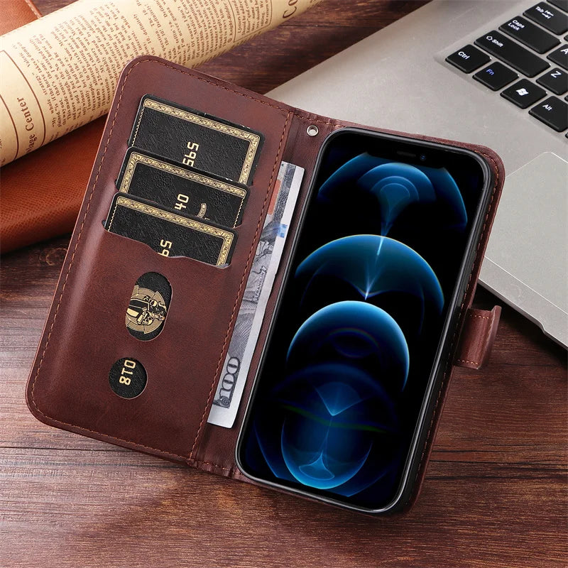 Leather iPhone 16 Plus zipper wallet case with card slots and magnetic stand, designed for R.E.D. Shopping mobile phone accessories.