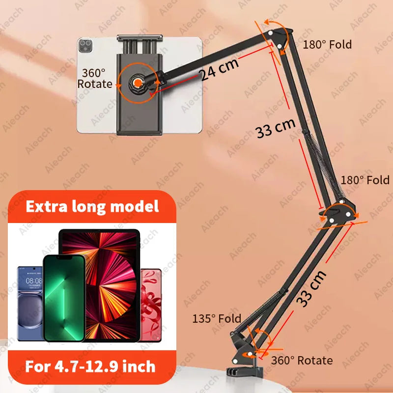 AIEACH 360° Rotating Bed Tablet Stand – 90cm Metal Arm, Fits 4.7–12.9" Phones & Tablets