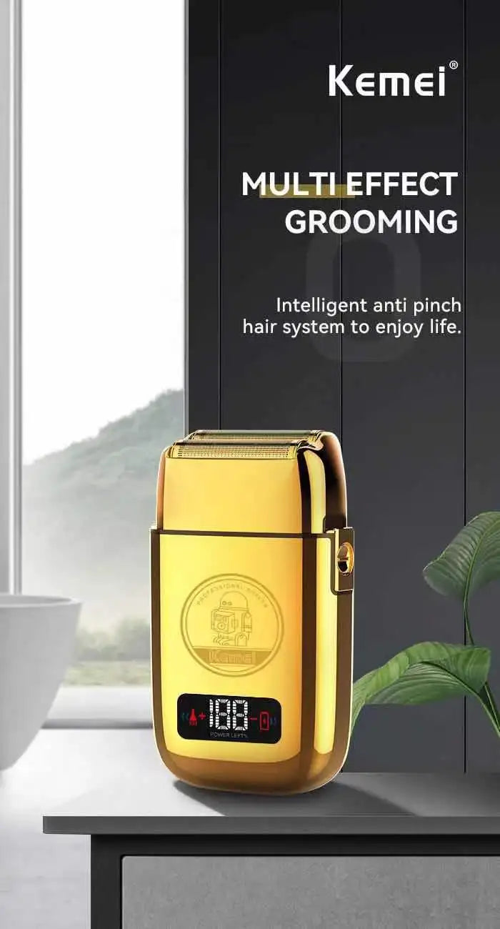 Kemei Km-Tx3 2021 electric hair shaver with gold metal body, USB charging, anti-pinch design, for personal hair styling.