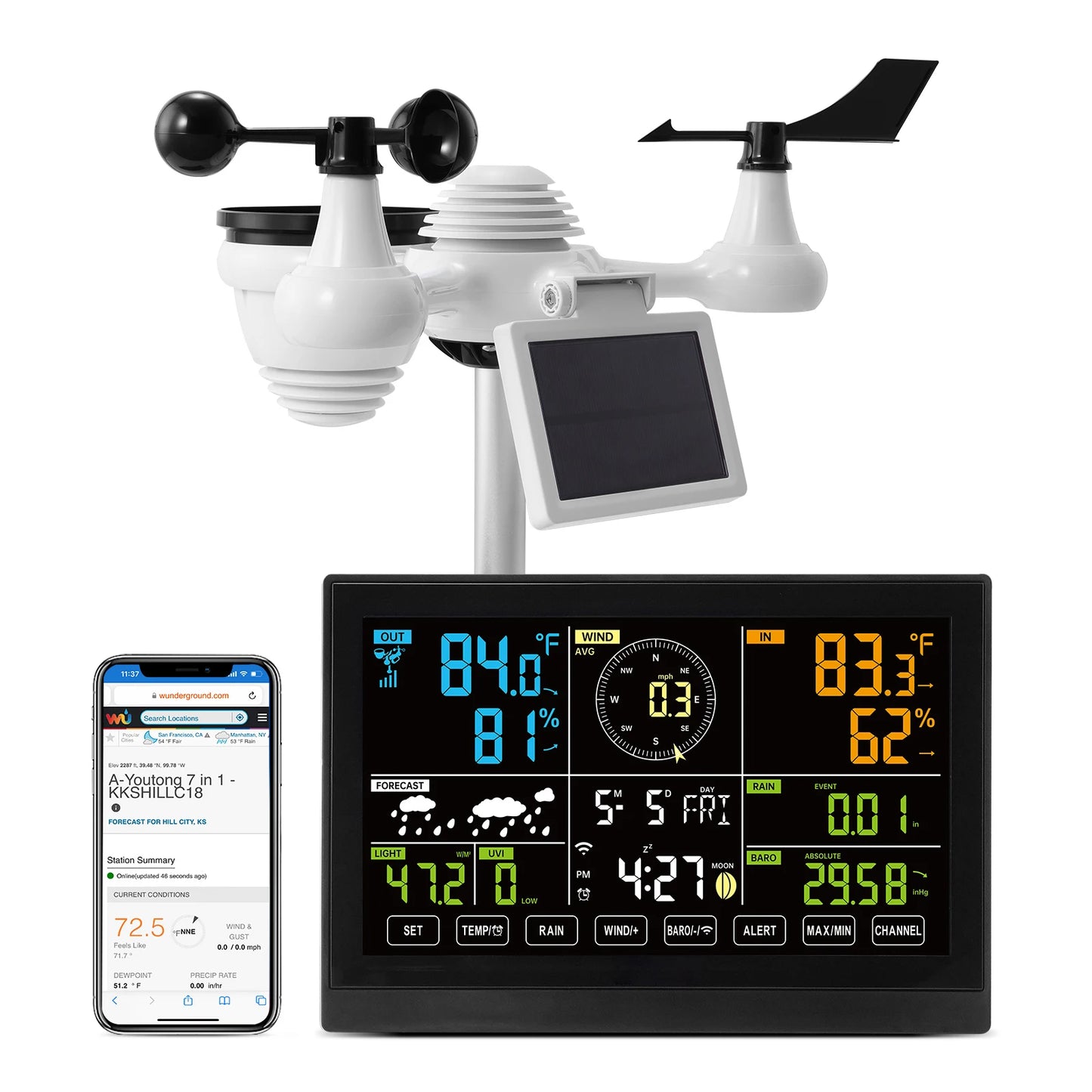 SucceBuy 7-in-1 Wi-Fi Weather Station – 7.5" Color Display + Solar Wireless Sensor