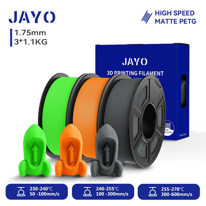 JAYO PETG/High Speed Matte PETG 3D Printing Filament 1.75MM Mix-Colors & No bubbles &Non-toxic For 3D Printer & Pen 3Rolls