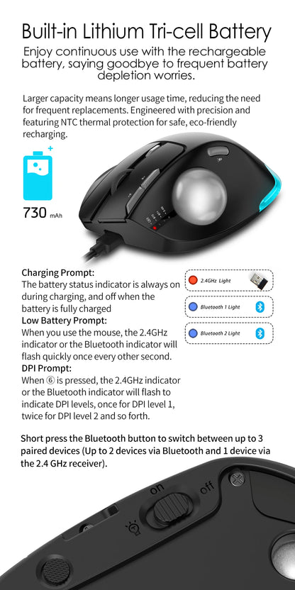 Wireless Bluetooth Trackball Mouse – RGB, 2.4G, Ergonomic, 3-Device Connection for PC & iPad