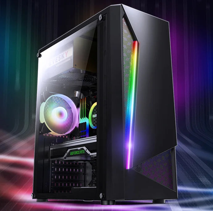Aotesier Budget Gaming Desktop PC with AMD A8-7680 processor, 8GB RAM, 120GB SSD, and Windows 10 Pro, displayed on a desk.
