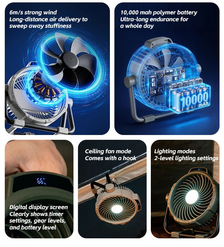 Portable 6-in-1 Outdoor Camping Fan 10000mAh – Wireless with Remote & LED Light