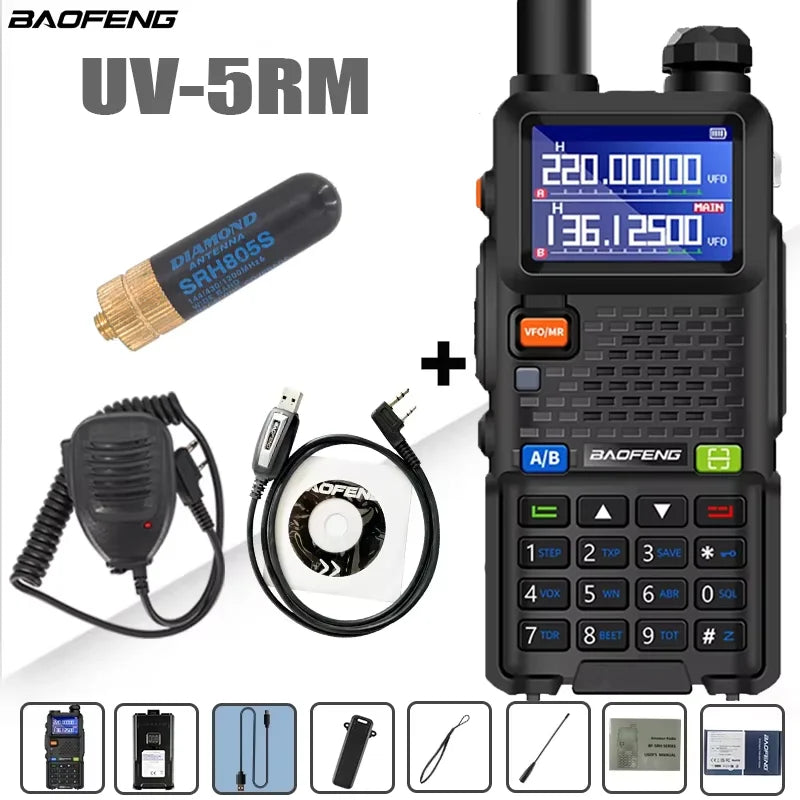 Baofeng UV-5RM four-band walkie talkie with 999 channels and 3800mAh battery, shown with its compact portable design.
