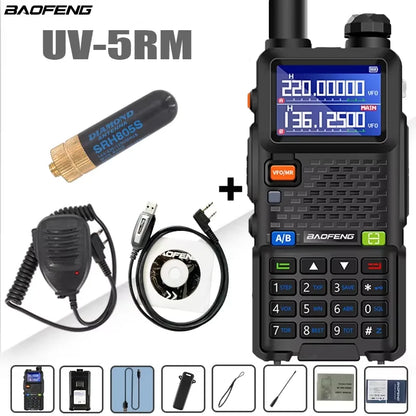 Baofeng UV-5RM four-band walkie talkie with 999 channels and 3800mAh battery, shown with its compact portable design.