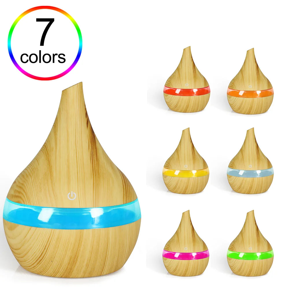 Portable Aroma Diffuser & Humidifier – 300ml, USB, 7-Color RGB Night Light | Light/Dark Wood, White
