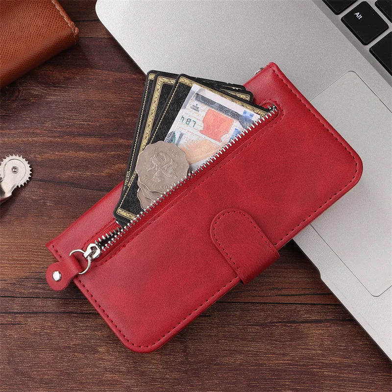 Red leather iPhone 16 Plus zipper wallet case with card slots and magnetic stand, designed for mobile phone protection and convenience.