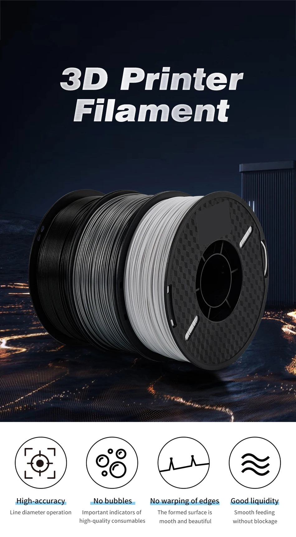 KINGROON 3D Printer Filament – 10KG Bulk, 1.75mm PLA / ABS / PETG, 10 Rolls, Black / White / Gray