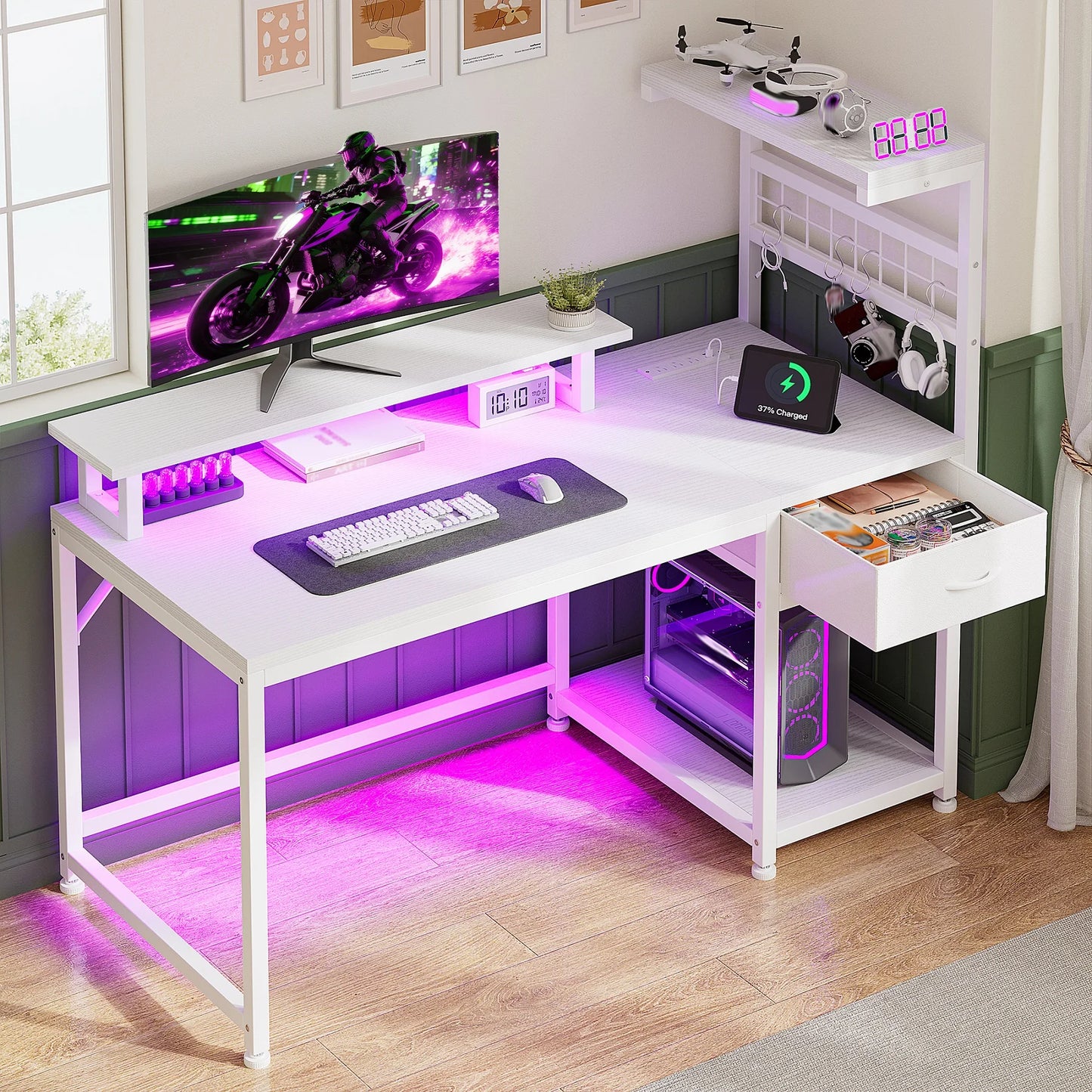 EnHomee 40" Gaming Desk with Power Outlets & RGB LED – Drawer, Storage Shelves & Monitor Stand