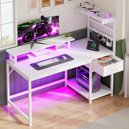 EnHomee 40" Gaming Desk with Power Outlets & RGB LED – Drawer, Storage Shelves & Monitor Stand
