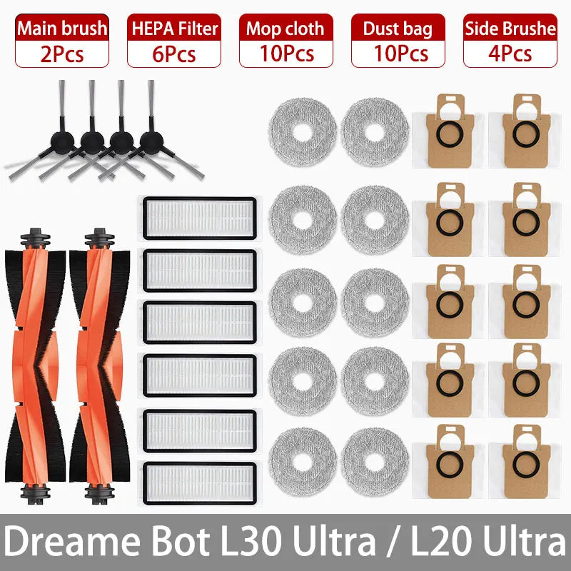 Dreame Bot L30 Ultra / L20 Ultra Replacement Parts | Main Brush, Side Brush, HEPA Filter, Mop, Dust Bag