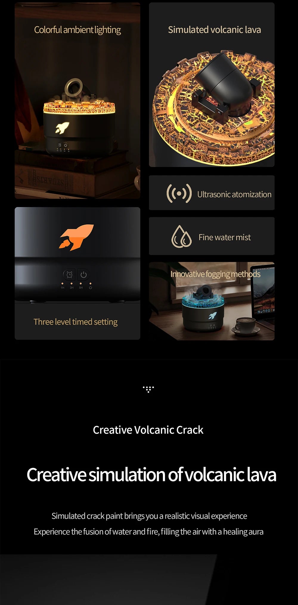 Volcanic Crack Light Aroma Humidifier – Desktop Ring Spray Aromatherapy Diffuser (White & Black)