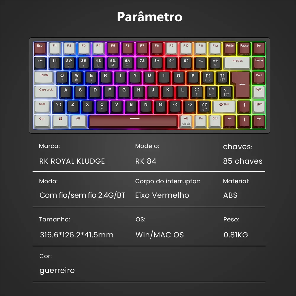 RK Royal Kludge RK84 Wireless Mechanical Keyboard – 84 Key, Hot-Swap, BT5.0/2.4G/USB-C, RGB