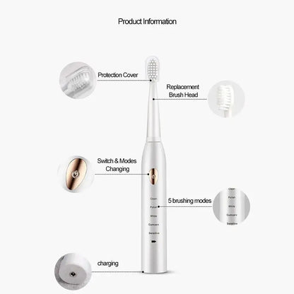 Rechargeable R.E.D. electric toothbrush with 5 modes, waterproof design, and 30-day battery life, suitable for personal oral care.