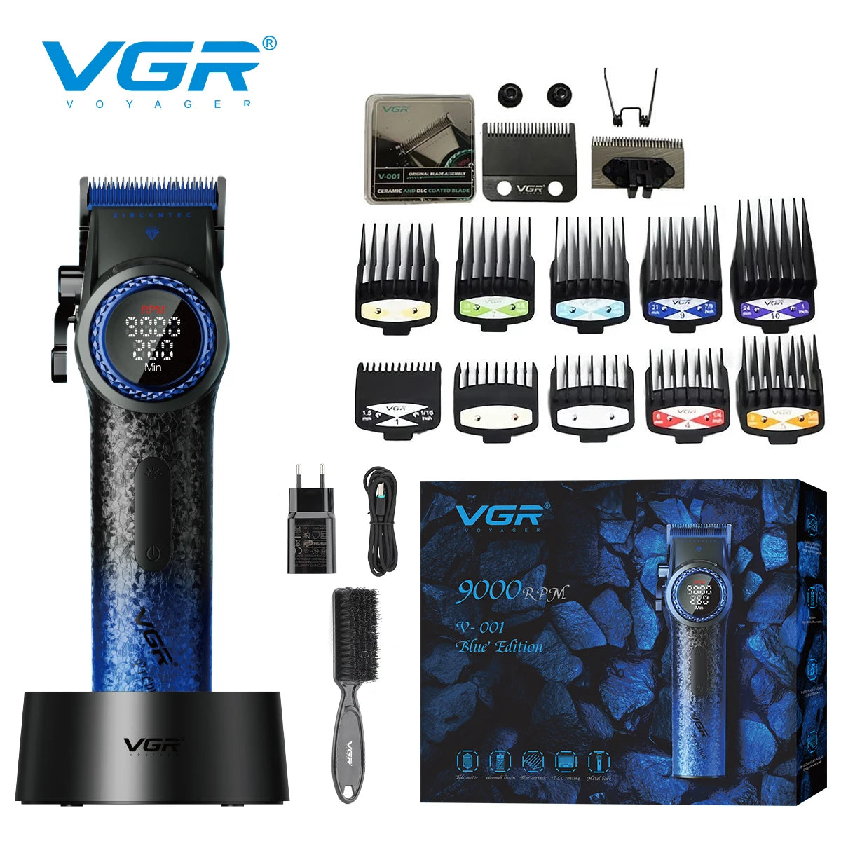 VGR V-001 Professional Hair Clipper – 9000RPM, 21-Speed, DLC Blades, 300min, USB