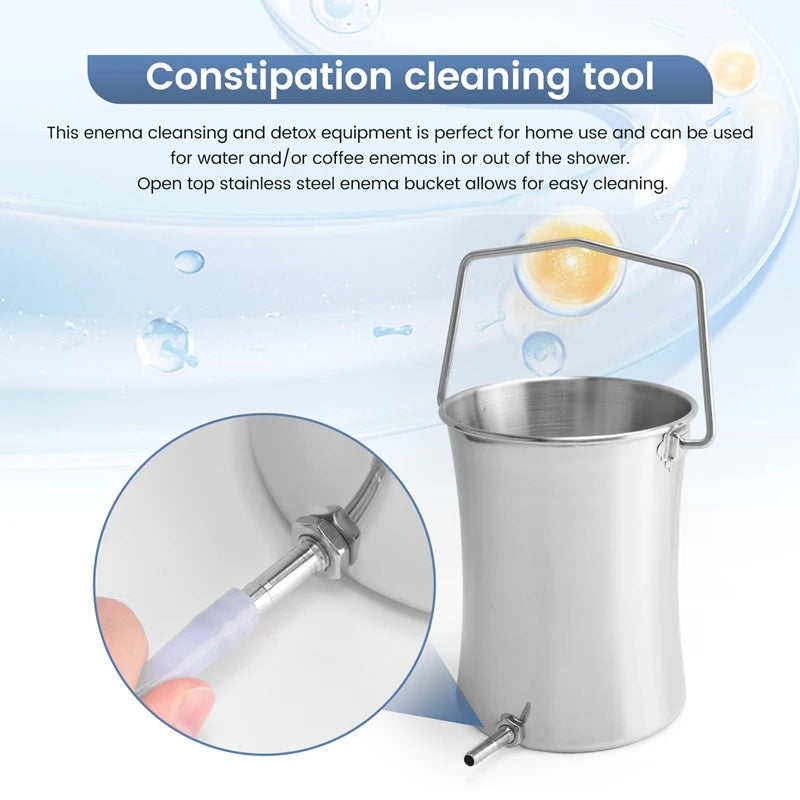 Stainless steel 2L enema kit by R.E.D. Shopping for personal health and cleansing, featuring a reusable enema bucket with hose and nozzle.