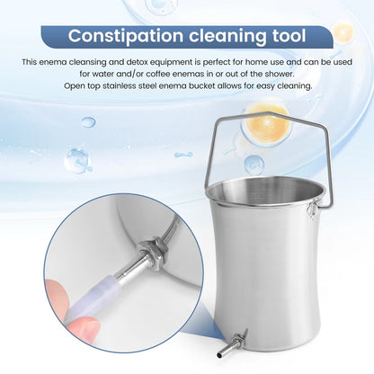Stainless steel 2L enema kit by R.E.D. Shopping for personal health and cleansing, featuring a reusable enema bucket with hose and nozzle.