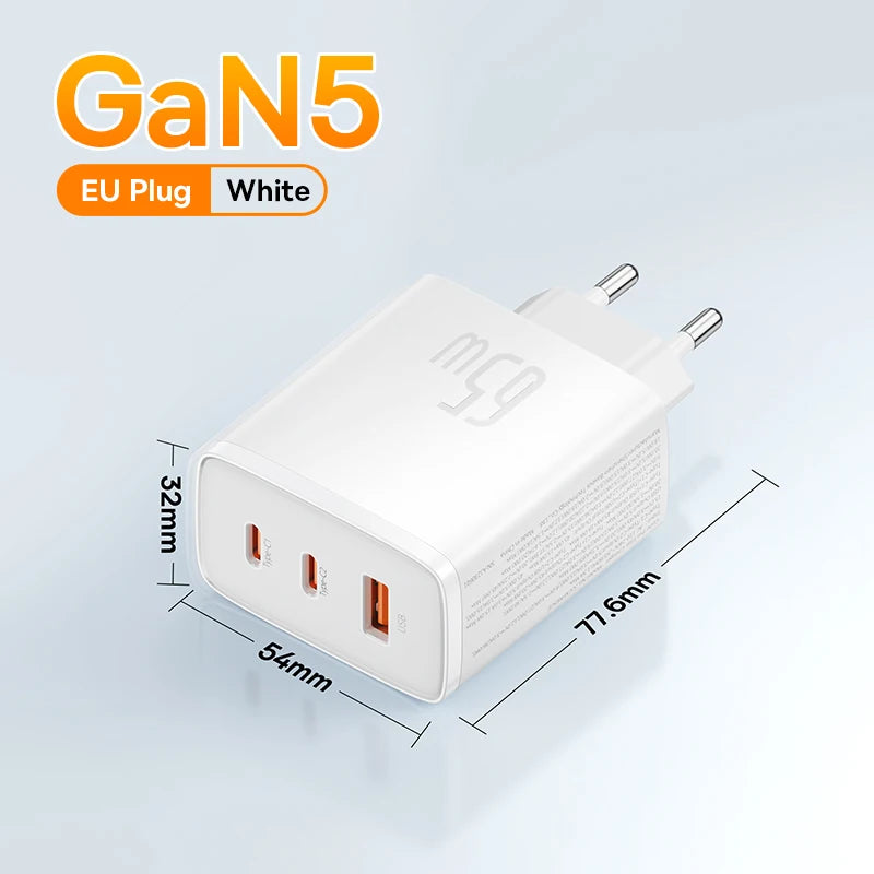 Baseus 65W GaN USB-C Charger | QC + PD Fast Charging for iPhone 17/16/15, Xiaomi & Laptops