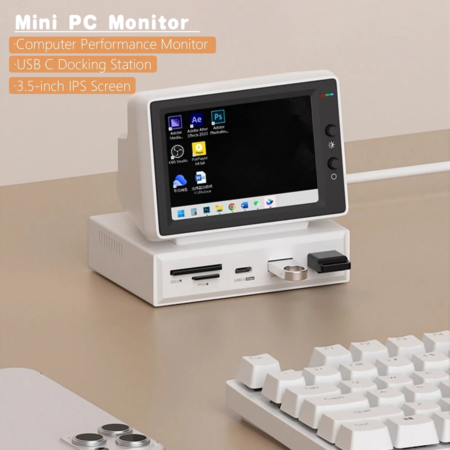 3.5" IPS Mini Screen with USB-C Hub – AIDA64 CPU/RAM Monitor for PC & MacBook